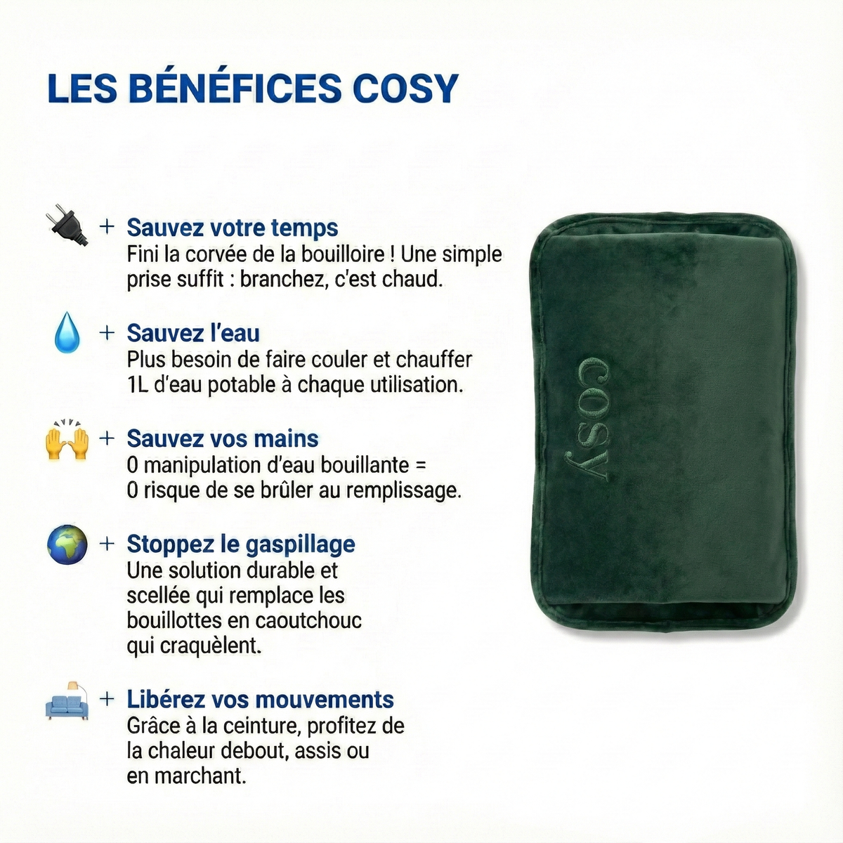 Bouillotte Électrique Rechargeable avec Housse Pochette Mains Douce - Chauffe en 10 min - Cosyheat