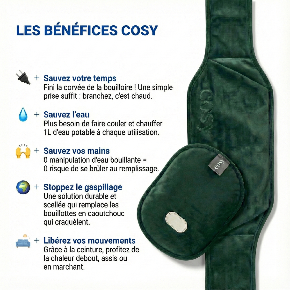 Bouillotte Électrique Rechargeable avec Ceinture Lombale - Soulage Douleurs Dos et Règles - Sans Fil - Cosyheat