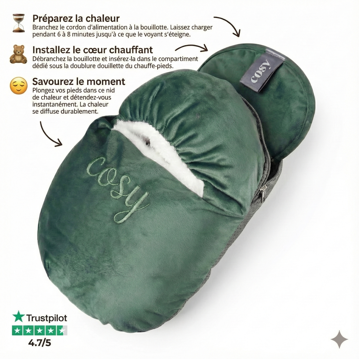 Chauffe-Pieds avec Bouillotte Électrique Rechargeable - Chancelière Douillette Amovible - Velours Vert - Cosyheat