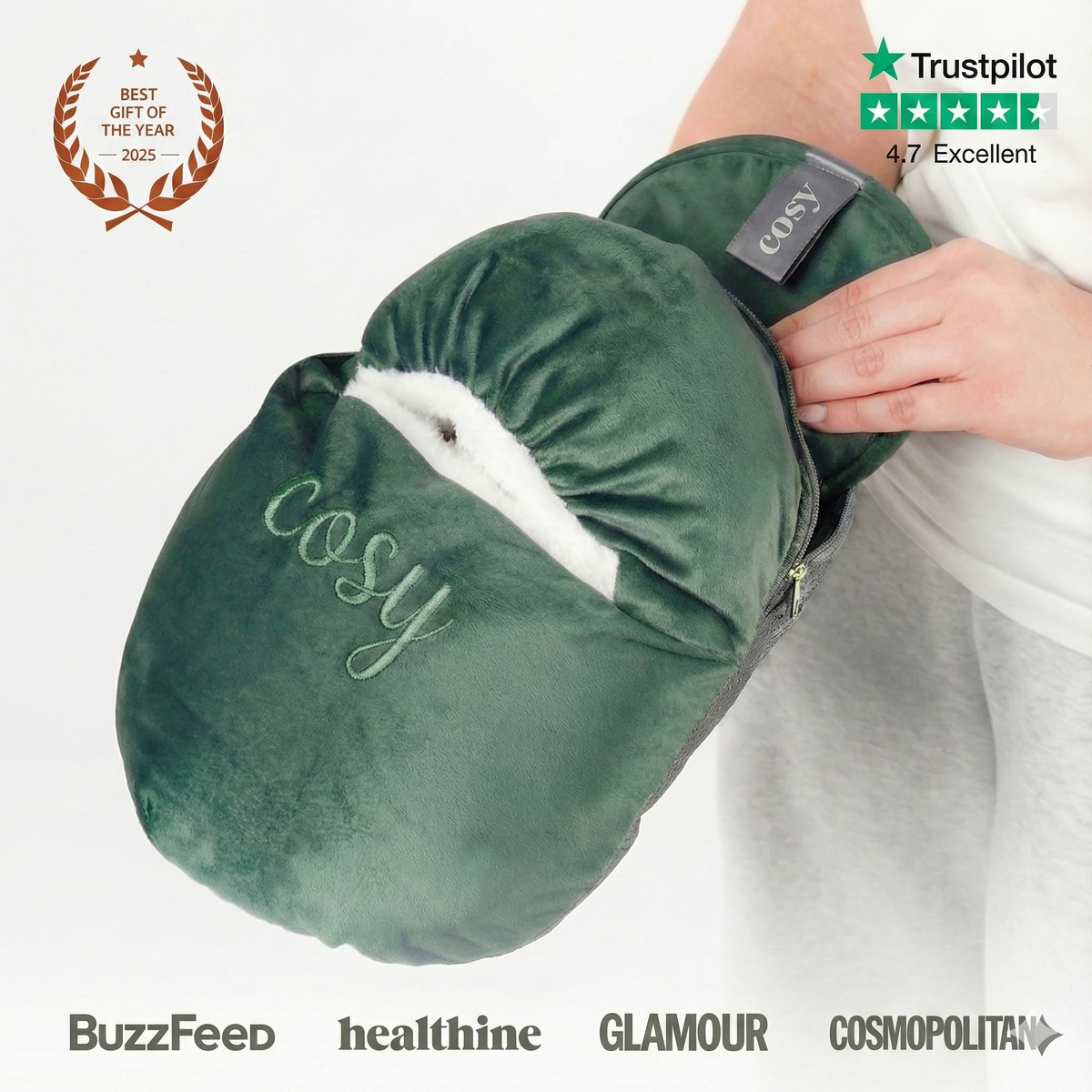 Chauffe-Pieds avec Bouillotte Électrique Rechargeable - Chancelière Douillette Amovible - Velours Vert - Cosyheat